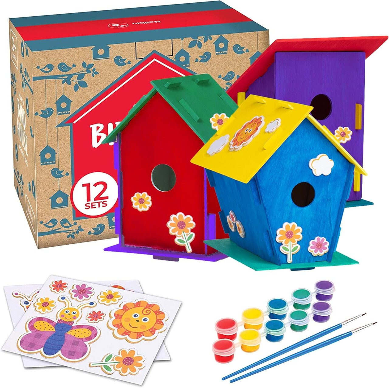 12 DIY Wooden Bird House Kits – Paintable Craft Set with Brushes, Stickers & Strings